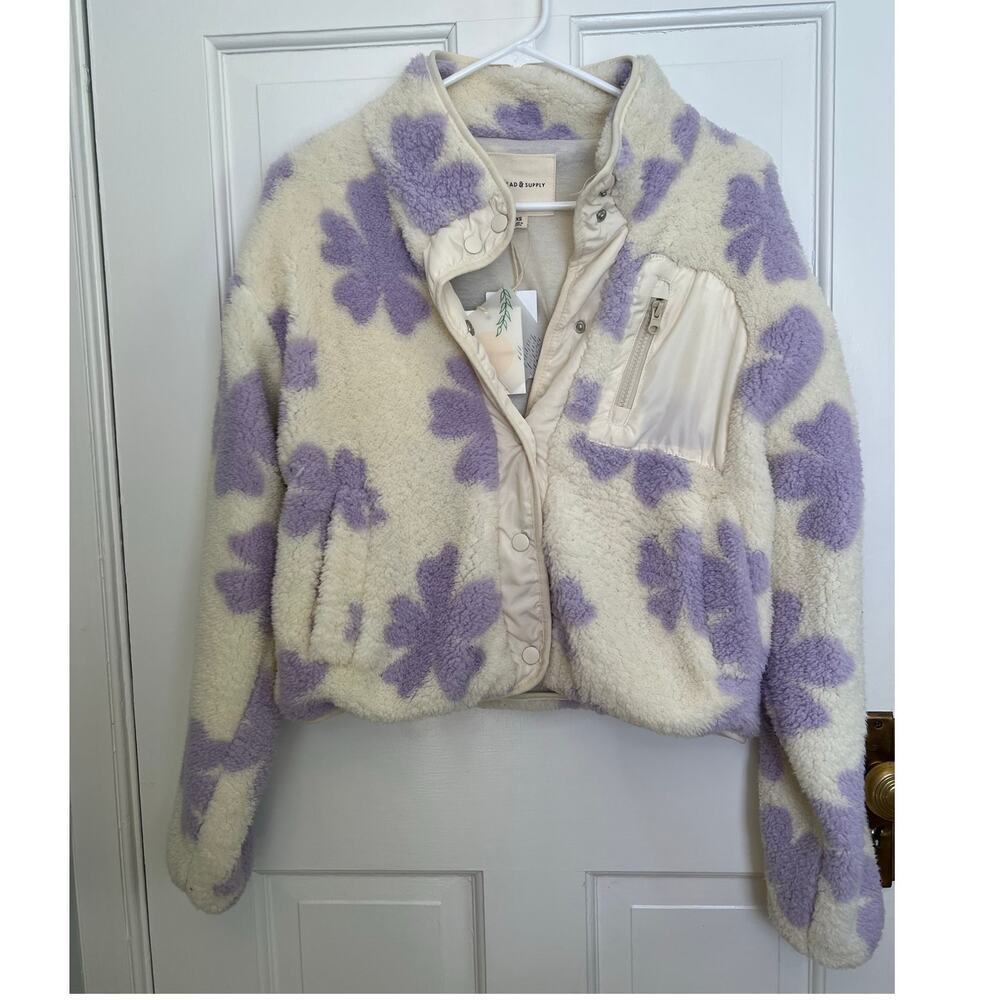 NEW Thread & Supply High Pile Fleece Floral Jacket Lavender Cream Women's XS - Picture 5 of 10